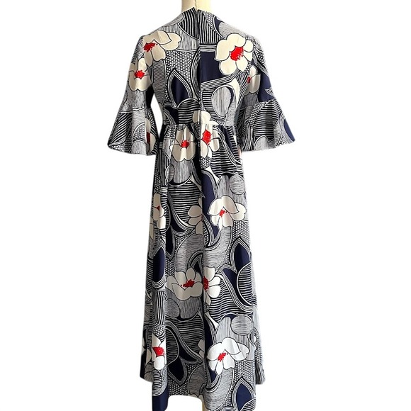 Handmade Dresses & Skirts - Vintage 60s 70s Floral Mod‎ Maxi Dress Navy White Red Flutter Sleeve